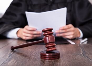 Close-up Of Male Judge In Front Of Mallet Holding Documents
